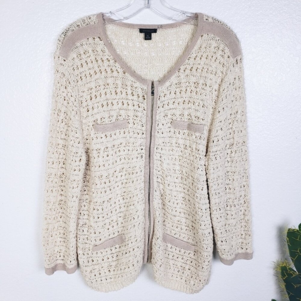 Ann Taylor Crochet Full Zip Cardigan Sweater Open Knit size XL Bohemian Preppy - Picture 2 of 12